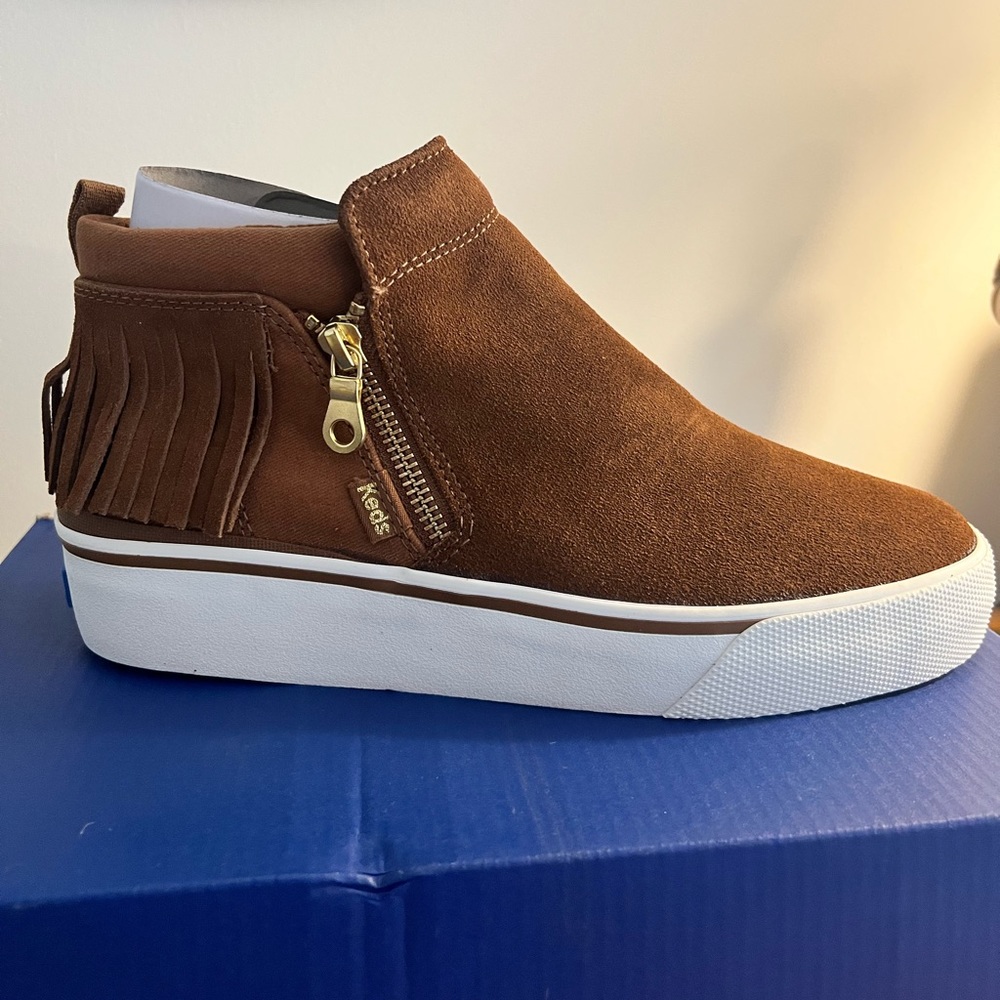New in Box Ked’s Copper Zip Fringe Suede Bootie